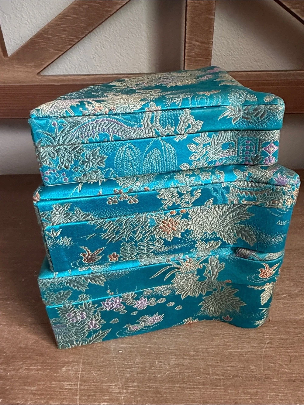 Teal Brocade Decorative Fabric Asian fan nesting - Set of 3